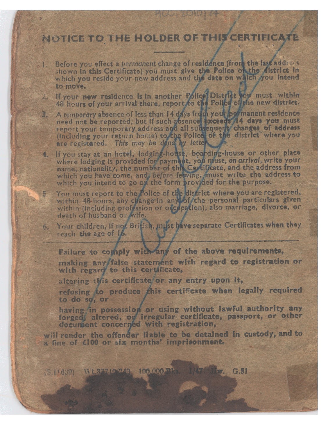 Aliens Order Certificate - setting out the parameters of Michal's right to dwell in the UK. The conditions were revoked by the Aliens Order 1960, hence the word 'cancelled' being added.